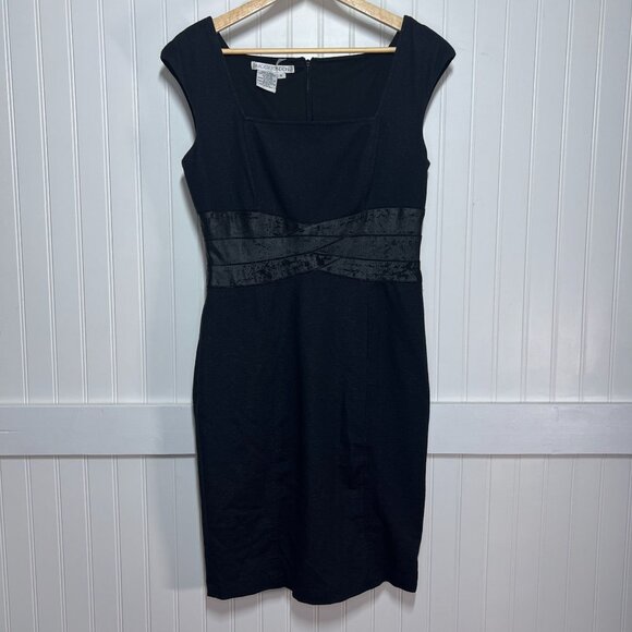 Maggy London Black Sheath Dress Sleeveless Square Neck Textured Waist Cocktail - Picture 2 of 9